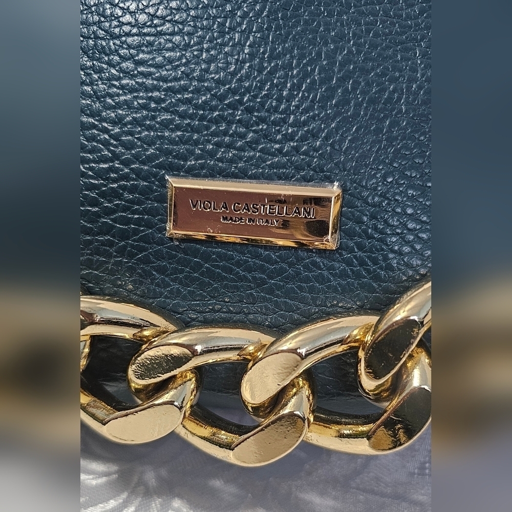 Viola Castellani Teal-Gold Chain Leather Bag - Picture 3 of 9